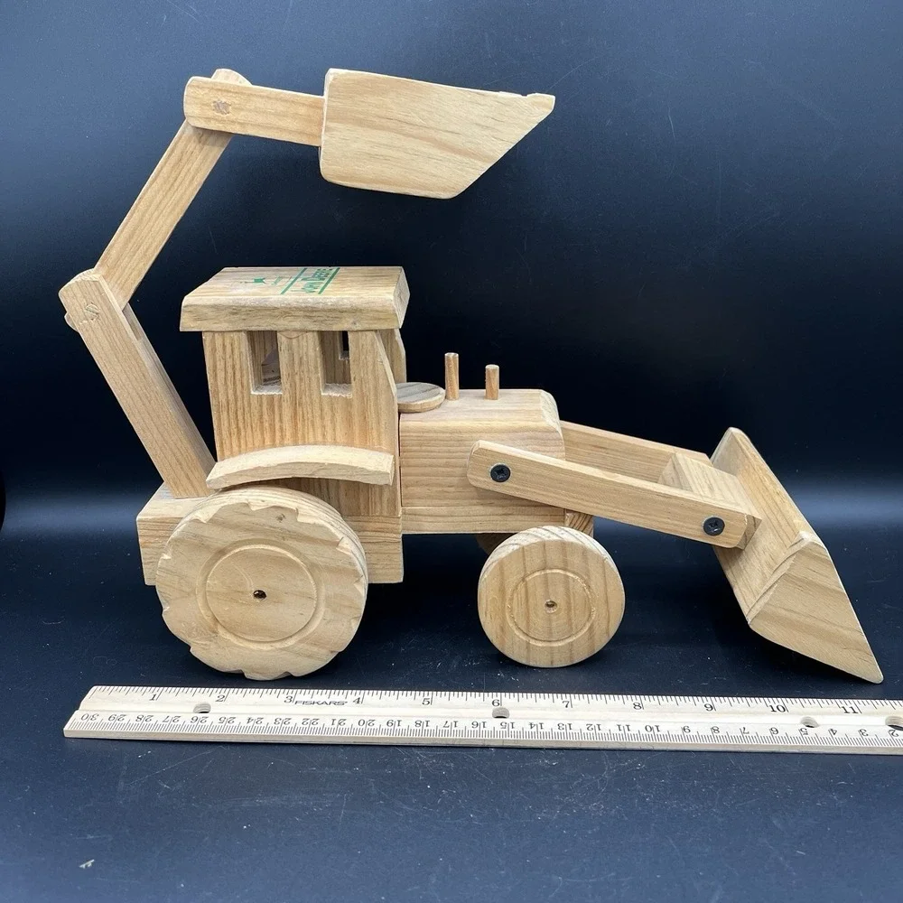 John Deere Wooden Toy Tractor Front Loader And Backhoe - Moving Parts